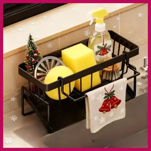 Sponge Holder for Kitchen Sink, Sink Caddy with High Brush Holder, Stainless Steel Dish Sponge  with Divider, Dish Soap Dispenser Storage Organizer Racks
