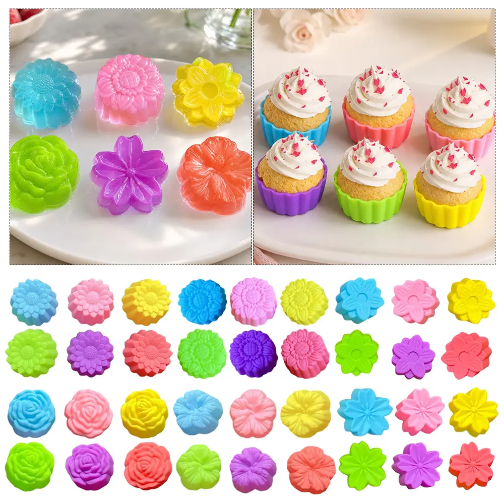36 Pieces 1.96 Inch Mini Silicone Cupcake Liners Molds, Muti Floral Shaped Baking Cups Non-Stick, Reusable Oven Microwave Freezer Dishwasher Safe, Ideal for Muffin Donut Pudding Dessert