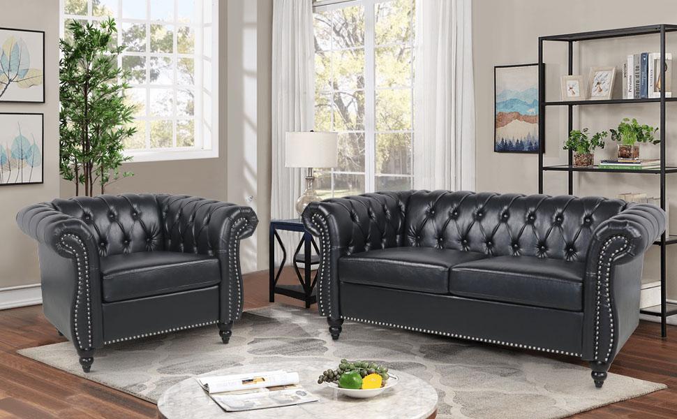 Giratree Chesterfield couple double sofa, two-seat sofa for living room with snap buttons, classic soft-covered sofa with snap buttons, modern mid-century style PU leather double sofa, couple sofa Giratree Chesterfield couple double sofa, two-seat sofa for living room with snap buttons, classic soft-covered sofa with snap buttons, modern mid-century style PU leather double sofa, couple sofa