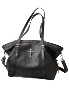 Vintage Luxurious Tote Bag, Cross Design, Fashionable Rivet Shoulder Bag, Large Capacity, Fits Files and Tablets, Ideal for Daily Commute and Shopping