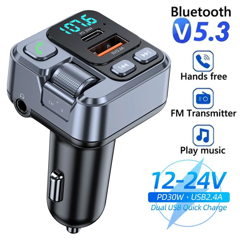 Bluetooth Car FM Transmitter Adapter - 30W PD Fast Charger, 12-24V Compatibility, Digital Display, Hands-Free Calls, Music Streaming, Bluetooth Receiver, USB U Disk Reading, 3.5mm Audio AUX, Car Battery Voltage Detection for Cellphones