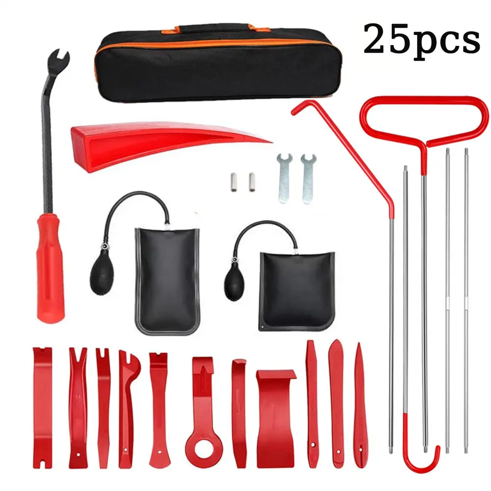 25pcs car door tool set, car window door opening fixing clip tool, durable stainless steel material, long-distance hook tool for connecting rod, with portable bag, car door repair manual tool set