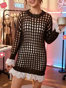 Women's Solid Color Round Neck Hollow Out Long Sleeve Lace Knit Dress Sweater, Casual Fashion, Perfect for Fall & Winter