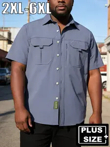 Large Size Men's Workwear Short Sleeve Shirt, Multi-Pocket Casual Top, Elastic Fabric, Ideal for Outdoor Activities, Perfect Gift