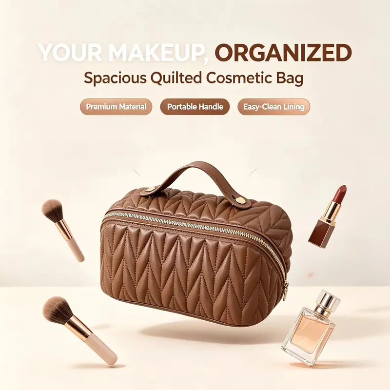 Plain PU Vegan Leather Makeup Bag - Large Capacity Waterproof Salon-Grade Home Organizer Storage Box, Handheld Travel Toiletry & Jewelry Case, Valentine's Day Gift for Women, Makeup Bags