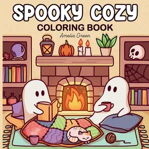 Spooky Cozy: Cute & Simple Coloring Book for Adults and Teens Featuring Adorable Characters, Creepy Creatures and Cozy Hygge Scenes for Relaxation Stress Relief Premium Glossy Cover