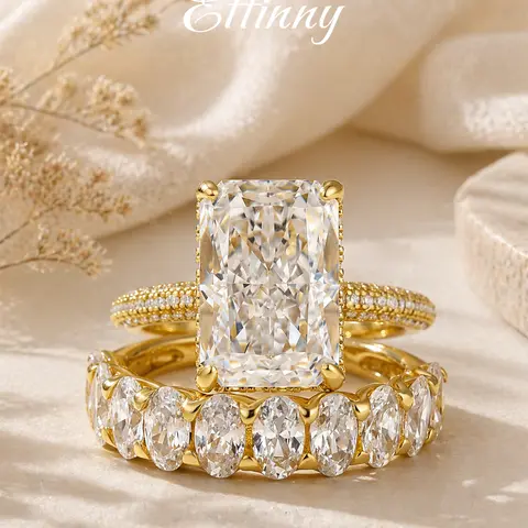 Effinny 14K Gold Plated 6.0ct Elongated Fade-Resistant Radiant Cut Wedding Ring Set, 5A CZ Fashion Affordable Travel Jewelry for Women