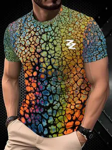 Rainbow Crackle Print Men's Short Sleeve T-Shirt, Fashion Casual Loose-Fit Top, Multicolor Geometric Pattern Design, Trendy Summer Wear