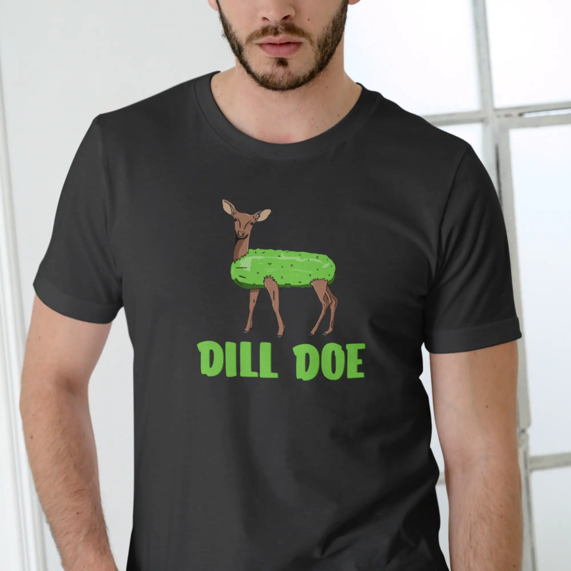 Men's Funny Dill Doe Deer Menswear T-Shirt - Unisex Cotton Casual Clothing, Fitted Round Neck Shortsleeve Animal Print Top with Green Text, graphic t shirts tiktok shop........