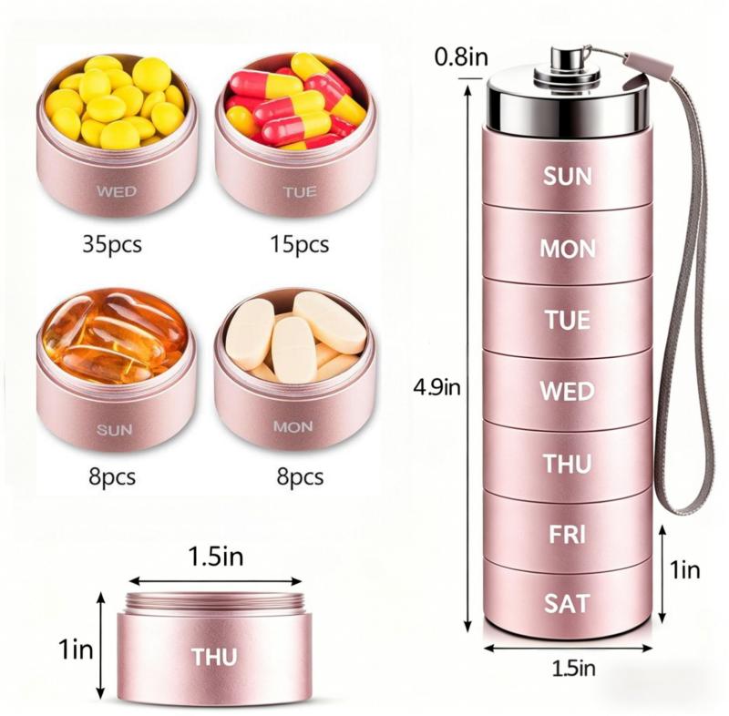 Anti-Tip Base Metal Travel Pill Organizer 2026 Version Portable Vitamin Organizer Stackable Aluminum Alloy Large Compartment Box for Supplements BPA-Free Waterproof Seals