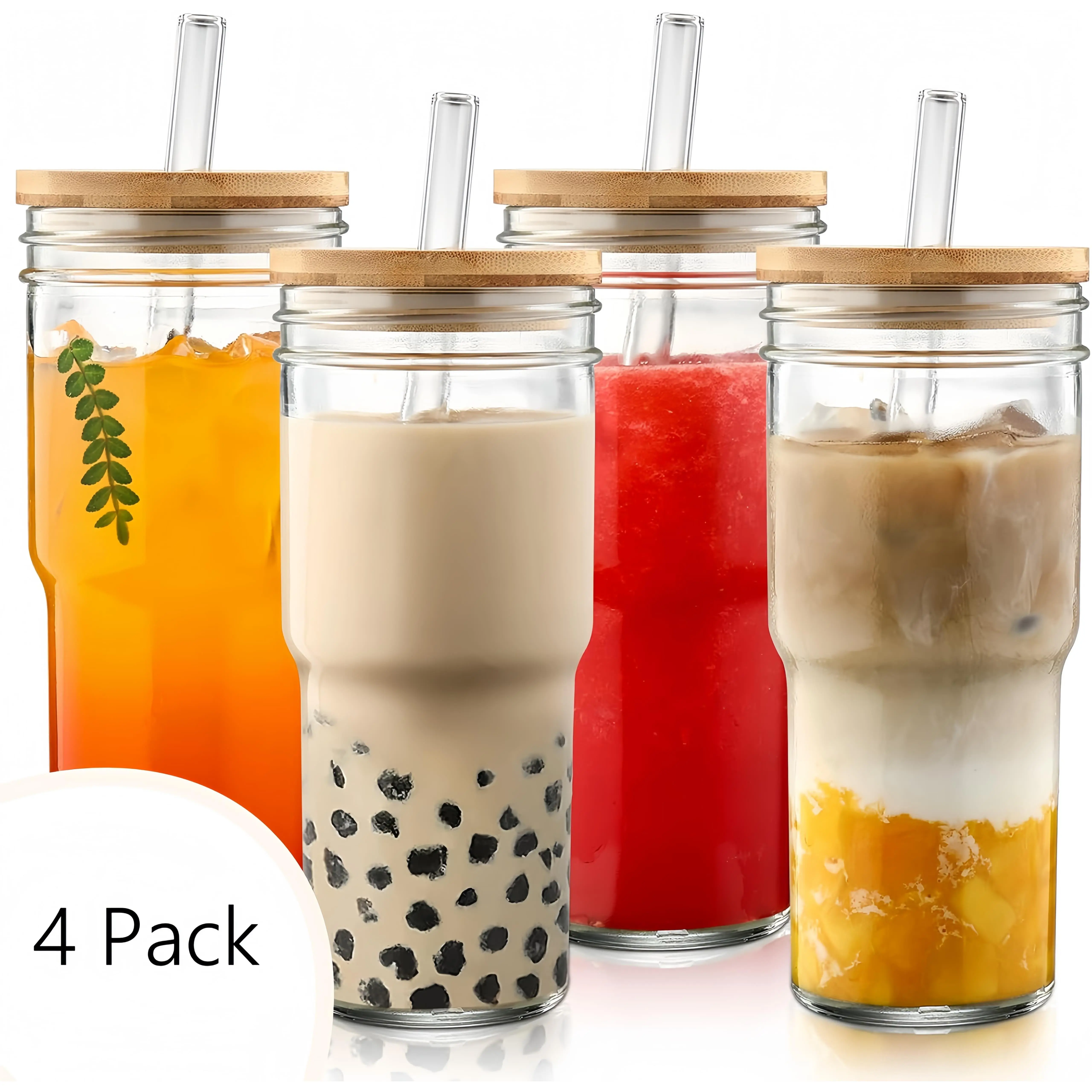 4 Pack 24 oz Wide Mouth Mason Jars with Bamboo Lids & Glass Straws Portable Iced Coffee Cups Reusable Smoothie Tumblers Eco-Friendly Drinkware