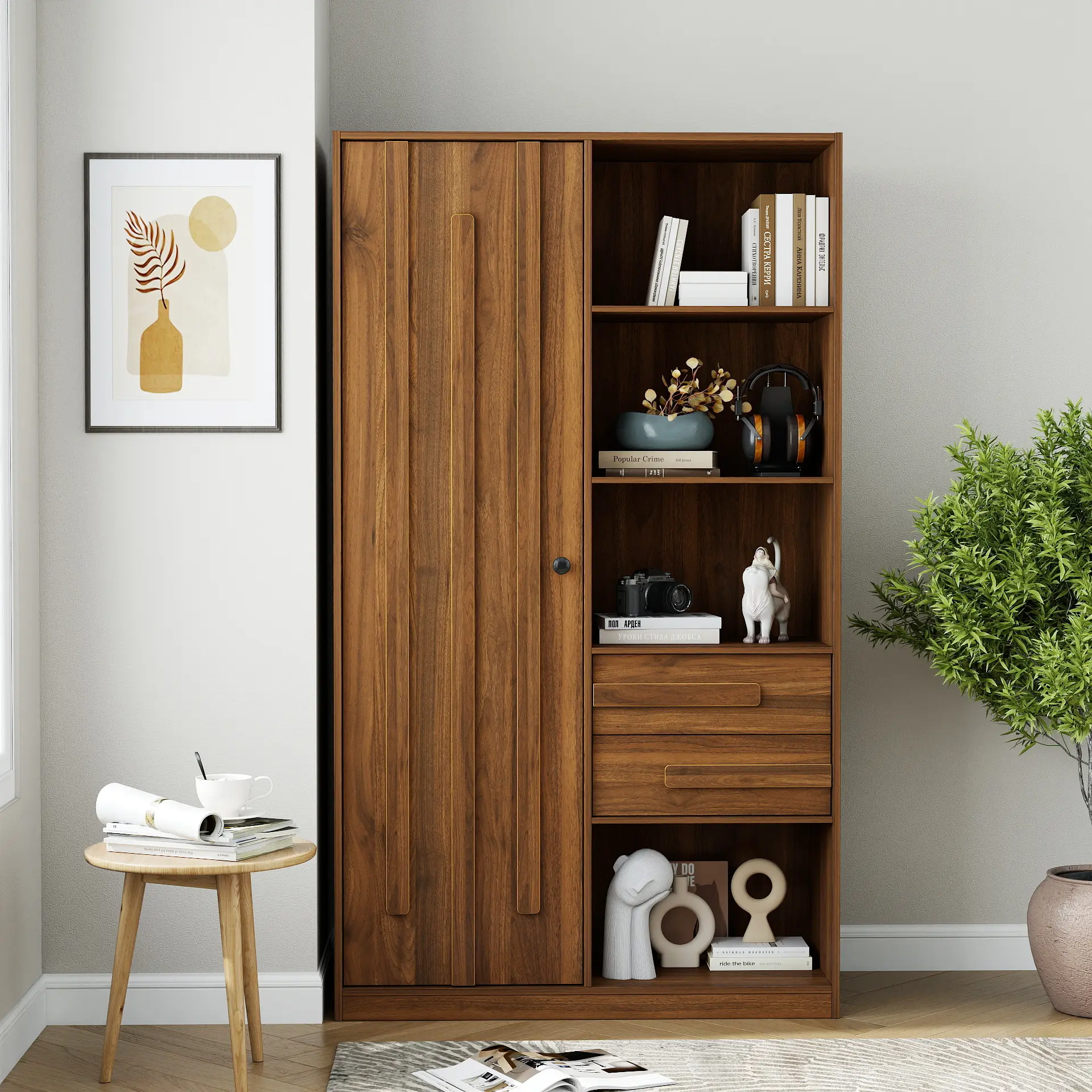 Tall Freestanding Storage Cabinet, Multi‑Purpose Organizer with Fluted Door, 2 Drawers & Open Shelves, Cabinet for Bedroom Living Room Entryway，Walnut