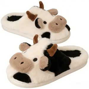 Cartoon Cow Cotton Slippers, Winter Indoor Outdoor Slippers for Women