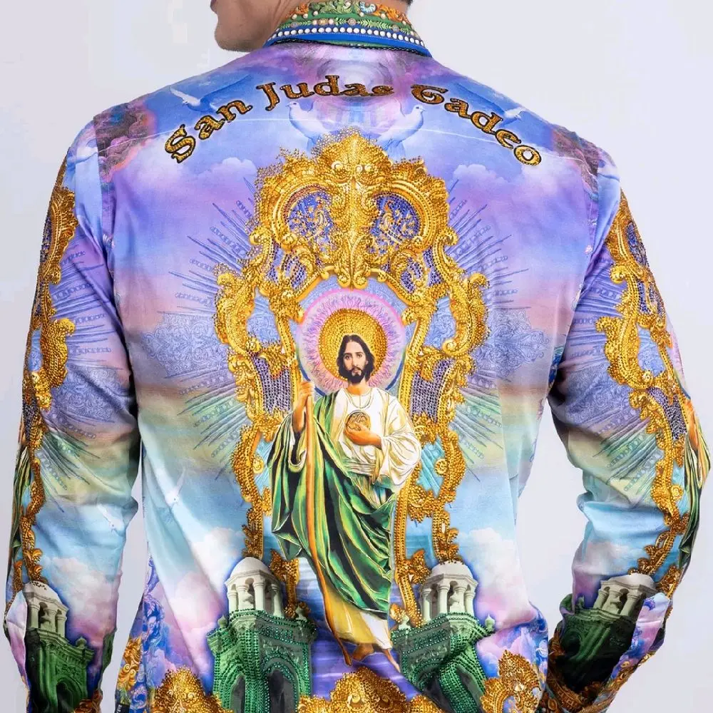 barabas Men's San Judas Tadeo rhinestone Multicolor button up dress shirt