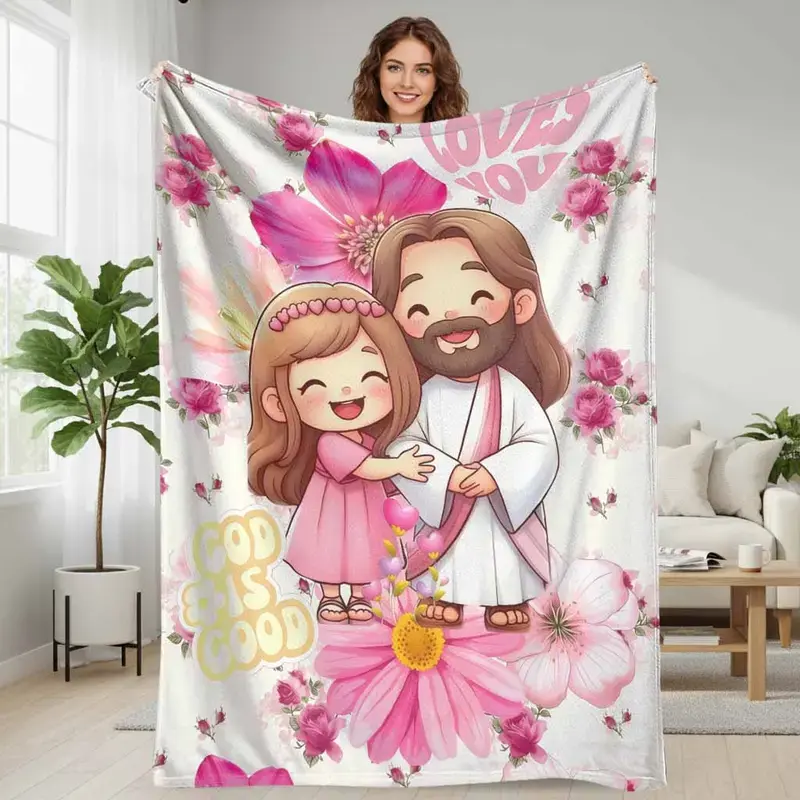 Cartoon Faith & Love Flannel Decorative Blanket - Pink Floral Heart Print, Cute Hugging Girl Design, Ultra Soft Lightweight Cozy Throw for Bedroom Decor, Church Gifts, Spiritual Gatherings
