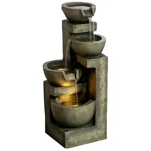 4-Tier Stacked Stone Look Fountain – Gray. 5 LED Lights + Adjustable 3-Speed Pump. Weather-Resistant Resin. Water Cascades Bowl to Bowl. 23.5" Tall