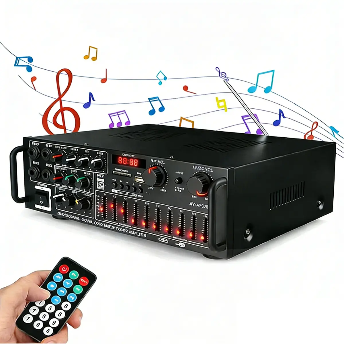 Compact Bluetooth 5.0 HiFi Stereo Power Amplifier for Car Audio Installation - Remote Control, 4 Mic Inputs, Echo, FM, USB, SD, AUX Compatibility for Home, Car, Smartphone, Subwoofer, Radio Mixer