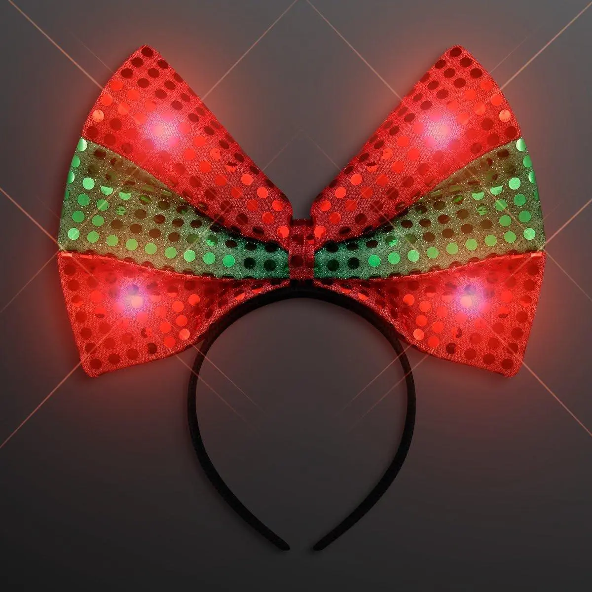 FlashingBlinkyLights Sequin Light Up Green & Red Christmas Bow Headband with 3 LED Modes for Festive Holiday Parties & More