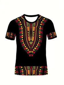 Men's Casual Fitted Short Sleeve T-Shirt, 3D Geometric Ethnic Pattern Print, Thin Summer Top, Round Neck Daily Wear, Sports Outdoor Gift