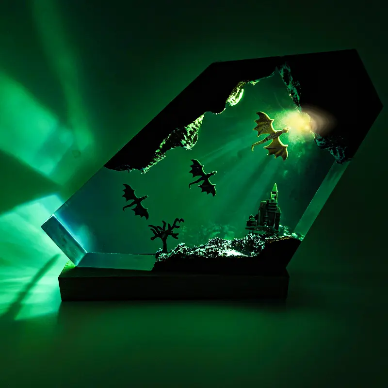 Warm Light Flying Dragon Series Resin Night Light – Handmade Solid Wood Base Adjustable Brightness Night Light Perfect For Bedroom Study Living Room Office And Ideal Gift For Thanksgiving Halloween Christmas Birthday And Home Decoration