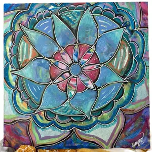 Feel the Flow Acrylic Painting on 24x24 Gallery-style Canvas with Vibrant Blue and Pink Floral Mandala Design