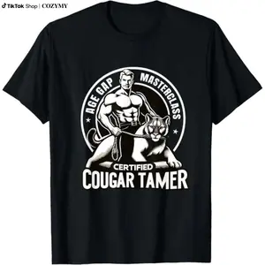 Women's Fitted Casual Round Neck Short-Sleeve Graphic T-Shirt - Funny Inappropriate Humor, Certified Cougar Tamer Gag Design, Streetwear Clothes Top, Made In USA Crewneck