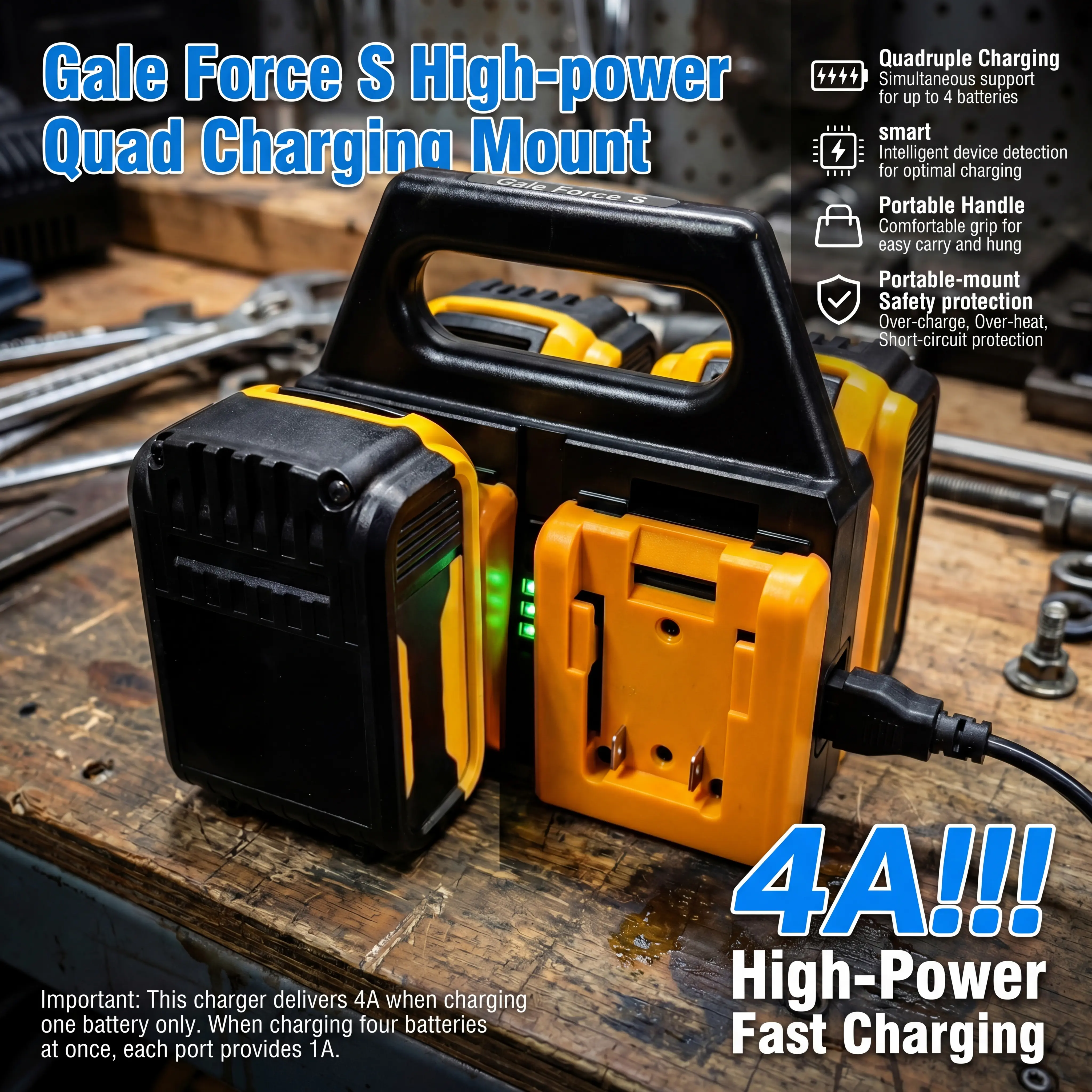 Dewalt 20V Max 4-Port Fast Battery Charger Holder | Portable Battery Storage Caddy With Secure Lock, Heavy Duty ABS Battery Organizer For Dewalt Lithium Ion Batteries, 4A Quick Charge, Wall Mount Design For Workshop & Construction Job Site