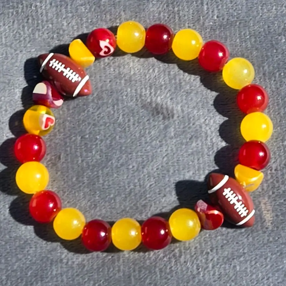 KC Chiefs Fan Bracelet - Trendy Jewelry, Fashionable Bracelet Style, Jewelry Accessory with Red, Gold Beads, football embellishments