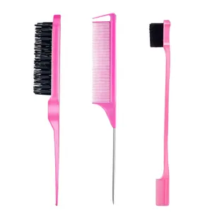 3 Pieces Hair Styling Comb Set Teasing Hair Brush Rat Tail Comb Edge Brush for Edge&Back Brushing, Combing, Slicking Hair for Women (Pink) teal  edge  brush curl  pattern