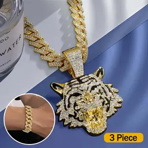 Edgy Punk Hip Hop Cuban Chain Jewelry Set - Unisex Necklace and Bracelet with Tiger Head Pendant, A Bold Street Accessory for Party, Daily Wear and Fashion Gift
