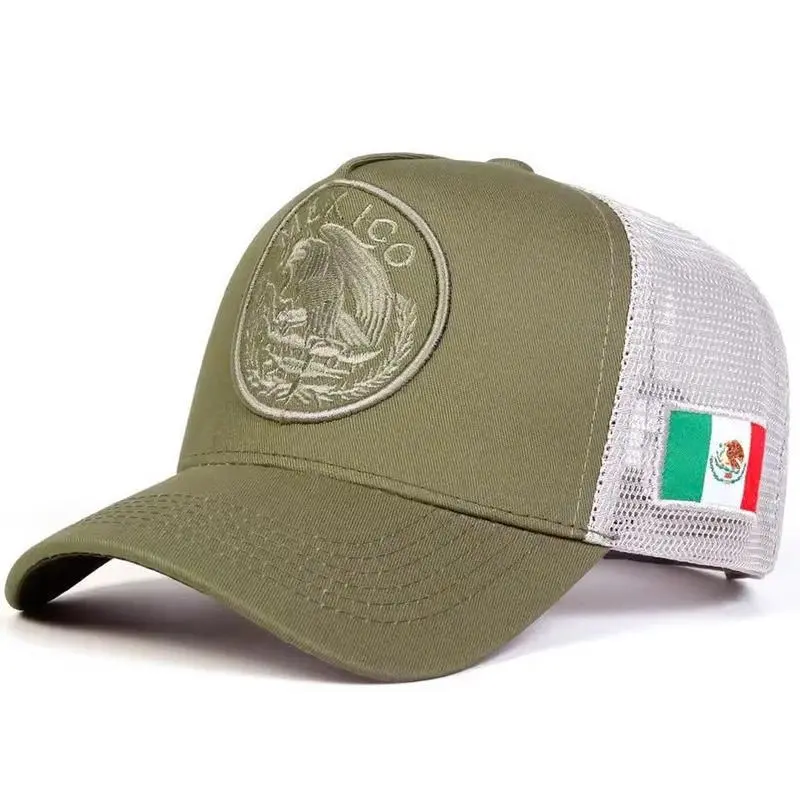 VORTEX Olive Green Mexico Eagle Trucker Hat | Embroidered Round Patch White Mesh Cap | Premium Mexican Flag Side Detail Baseball Hat