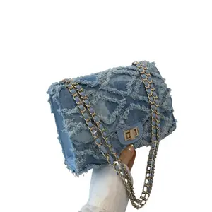 Women's Fashion Denim Shoulder Bag with Chain Strap Rhombus Design Retro Luxury Crossbody Tote Chic Everyday Purse Stylish Denim Bag for Daily Use Secure Buckle Closure