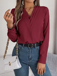 Women's Plain V Neck Blouse Elegant Long Sleeve Shirts Top for Spring & Fall, Ladies Clothes for Daily Wear, Fall Clothing Women, Comfort Womenswear, Going Out Tops, Fall Clothes, Coquette Autumn Clothing, Casual Elegance Chic