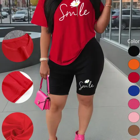 Summer New Women's Short-Sleeve Shorts Set, Casual Floral Print Sportswear, Two-Piece T-Shirt and Shorts for Outdoor Activities, Workout and Running Outfits, Gym Casual Wear, Active Outfits