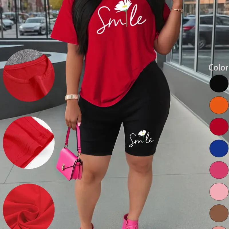 Summer New Women's Short-Sleeve Shorts Set, Casual Floral Print Sportswear, Two-Piece T-Shirt and Shorts for Outdoor Activities, Workout and Running Outfits, Gym Casual Wear, Active Outfits