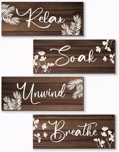 4 Pieces Brown Bathroom Decor Farmhouse Bathroom Accessories Rustic Relax Soak Unwind Breathe Wooden Signs with Vintage Country Bathroom Decor for Home Laundry Room (Brown, 10x4 Inch)
