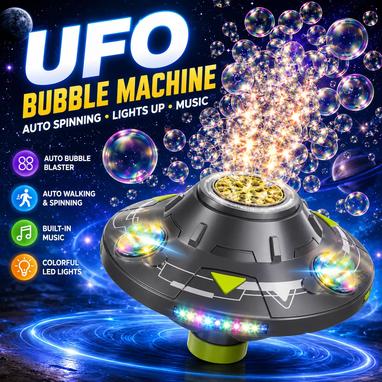 Bubble Maker Toy for Kids UFO Automatic Bubble Blaster with Music & Lights Adjustable Height Perfect for Outdoor & PartyMassive Bubbles
