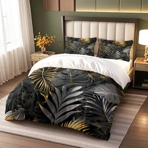 Gold Palm Leaf Print Decorative Bedding Set (1 Fitted Sheet + 2 Pillowcases), Modern Luxurious Style, Soft Comfort, Bedroom Living Room Decor
