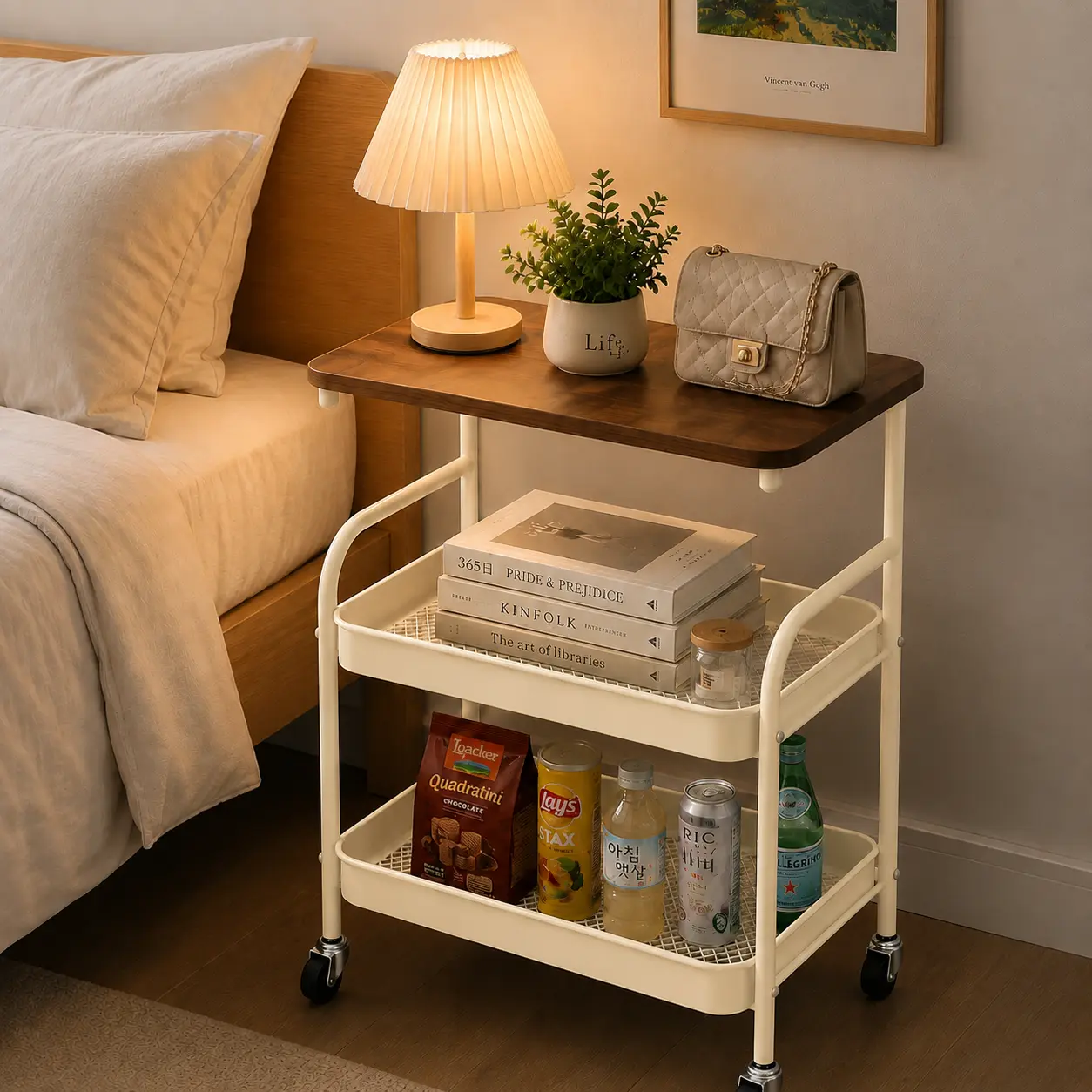 3 Tier Rolling Storage Cart With Wooden Tabletop, Multifunctional Mobile Utility Organizer Shelf With Wheels For Bedroom Kitchen Bathroom Apartment