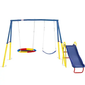 Playset 3 in 1 Swing Set with Slide ,Swing Sets for Backyard with Kids Slide Outdoor Heavy-Duty Metal Frame and Adjusttable Ropes,
