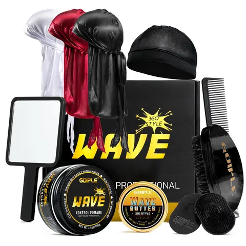 Goiple Male Strong Hold 360 Wavy Pomade - Gel Based, Alcohol Free, Easy-Wash Wave Control, Moisturizing, Durable, Long-Lasting Shine, Nourishing Styling Product with Brush & Durag Cap Set, Father's Gift for Normal Hair Adults