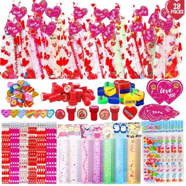 Valentines Day Gift 28-Pack Valentines Stationery Set for Kids – Includes Pencils, Erasers, Rulers & Cards, Perfect for Classroom Exchange Gifts and Valentine Party Favors