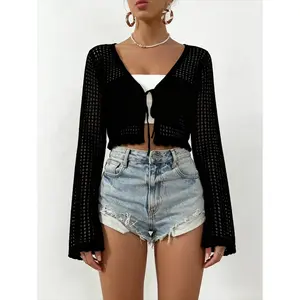 Women's Crochet Knit Cropped Cardigan Long Sleeve Tie Front Sheer Cover Up