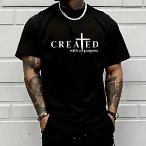 Men’s “Created with a Purpose” Christian graphic T-shirt, cross faith quote print tee, casual crew neck, perfect for church outfits, faith wear, and streetwear. Cotton Menswear Top Womenswear Streetwear Tshirt Crewneck