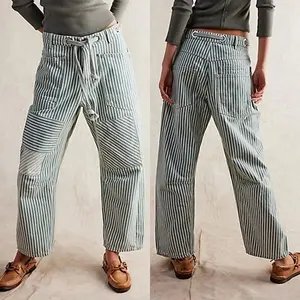 WomenStripedPants,ElasticWaistDrawstringPatchworkWideLegPantsLooseTrouserswithPockets