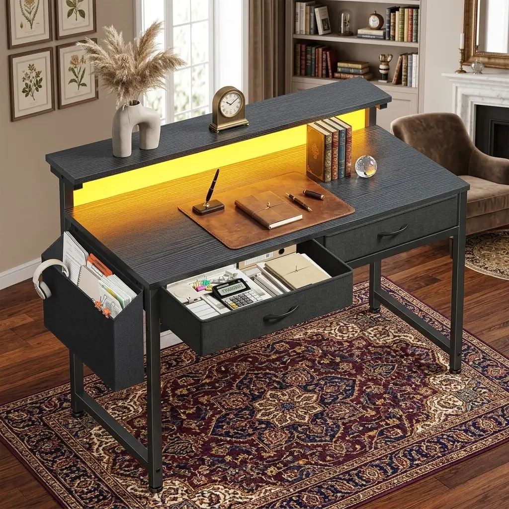 31.5"D Home Office Computer Desk, LED Strip Light Gaming Desk with Ergonomic Monitor Riser, 2 Fabric Drawers & Side Organizer Pocket, Modern Compact Study Work Table for Small Bedroom Apartment Office room