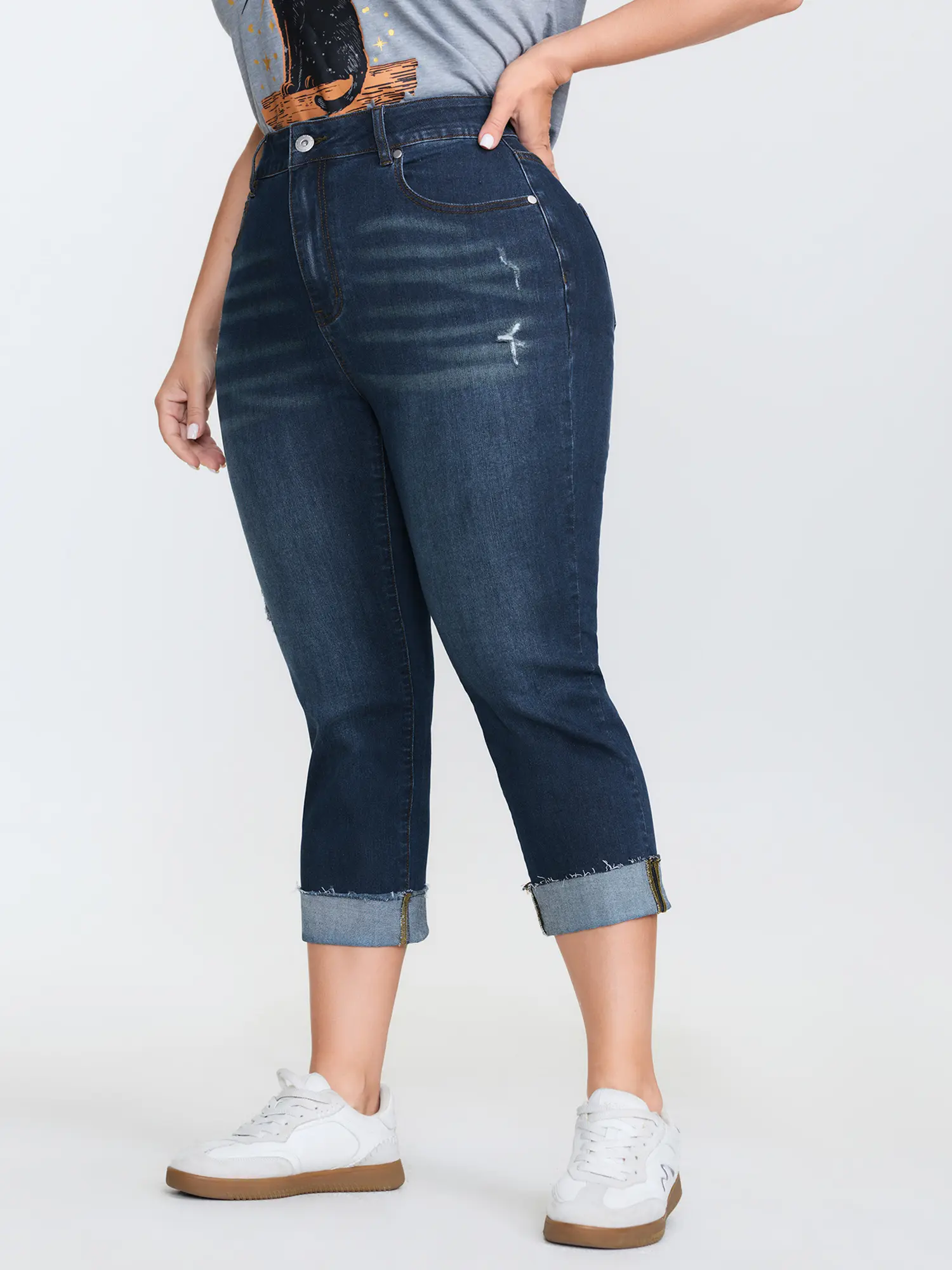 BLOOMCHIC Women's Plus Size Mid-Waist Stretchy Skinny-Fit BBL Jeans - Spandex-Cotton Fabric, Basic Minimalist Cropped Bottom with Pocket, Butt-Lifting Turn-Up Style, Low Iron/Cold Wash/Do Not Tumble Dry, Size M-6X, 2026 Spotlight, Plain, Plussize, Jeans F