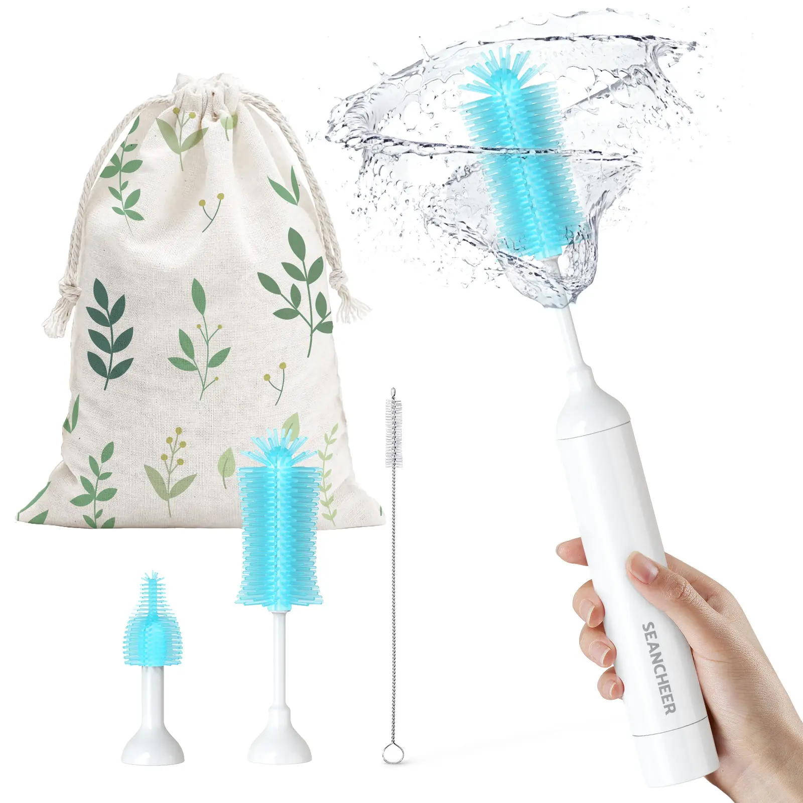 SEANCHEER S02 Electric Bottle Brush Set, Portable Baby Bottle Brush Cleaner, AA Battery-Powered & IPX7 Waterproof, with Silicone Bottle/Nipple/Straw Brush, for Home & Travel