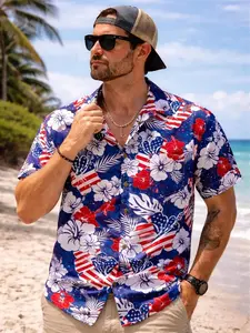 Patriotic Hawaiian Shirt American Flag Tropical Hibiscus 4th of July Aloha Button Up Shirt