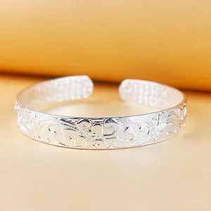 Sterling Silver Plated Bezel Hollow Cuff Bangle, Adjustable Open Bracelets Jewelry Gift for Family and Friends